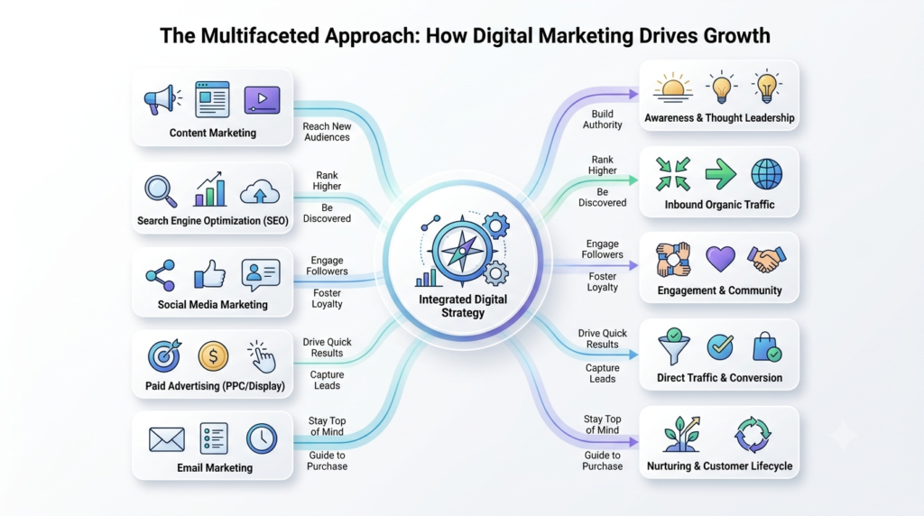 Infographic titled 'The Multifaceted Approach: How Digital Marketing Drives Growth' showing how digital marketing channels connect to business outcomes through an integrated strategy."