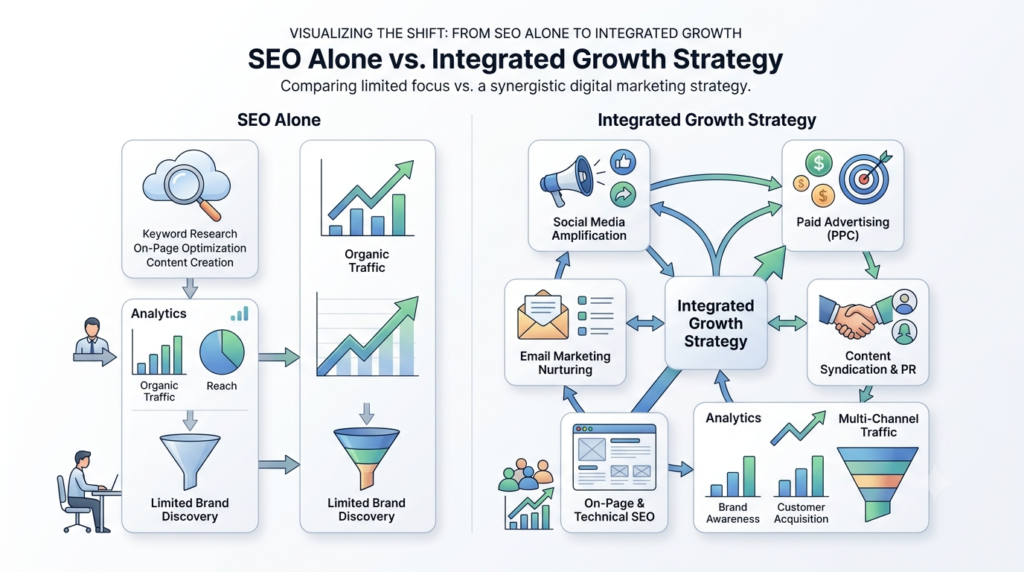 Infographic titled 'SEO Alone vs. Integrated Growth Strategy' comparing a standalone SEO approach against an interconnected multi-channel digital marketing framework."
