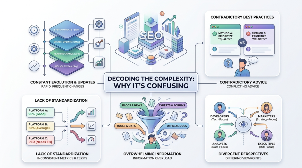 An infographic titled 'Decoding the Complexity: Why It's Confusing' outlining five reasons for confusion in SEO: Constant Evolution & Updates, Contradictory Best Practices, Lack of Standardization, Overwhelming Information, and Divergent Perspectives